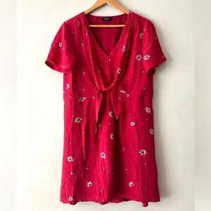 Madewell 100%silk red flower dress size 10 red floral front tie dress mini dress